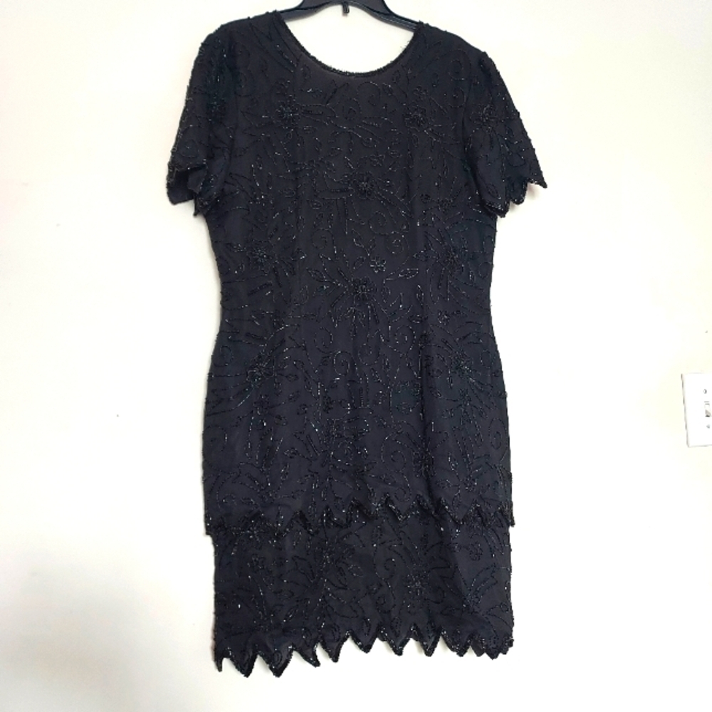 Stenay Vintage 100% Silk Black Floral Beading Dress Zs-16